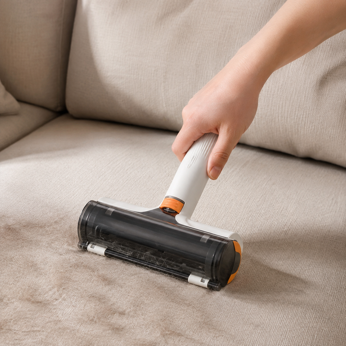 Anwendung des Tierhaarrollers auf dem Sofa