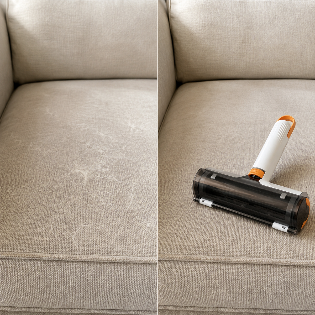 Vorher-Nachher-Vergleich: Sofa mit und ohne Tierhaare